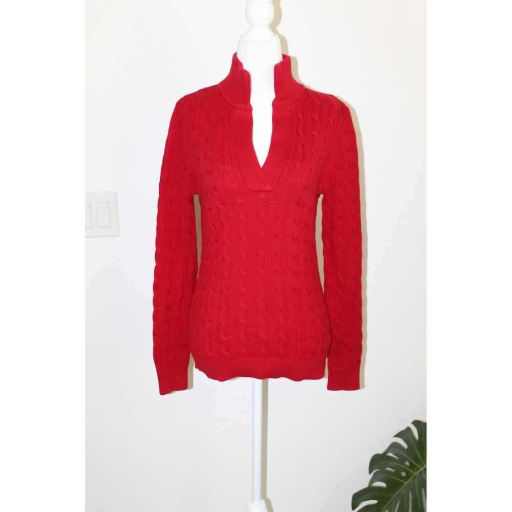 VTG Lauren Ralph Lauren Red Cable Knit Cotton Sweater Split Neck Women's Medium